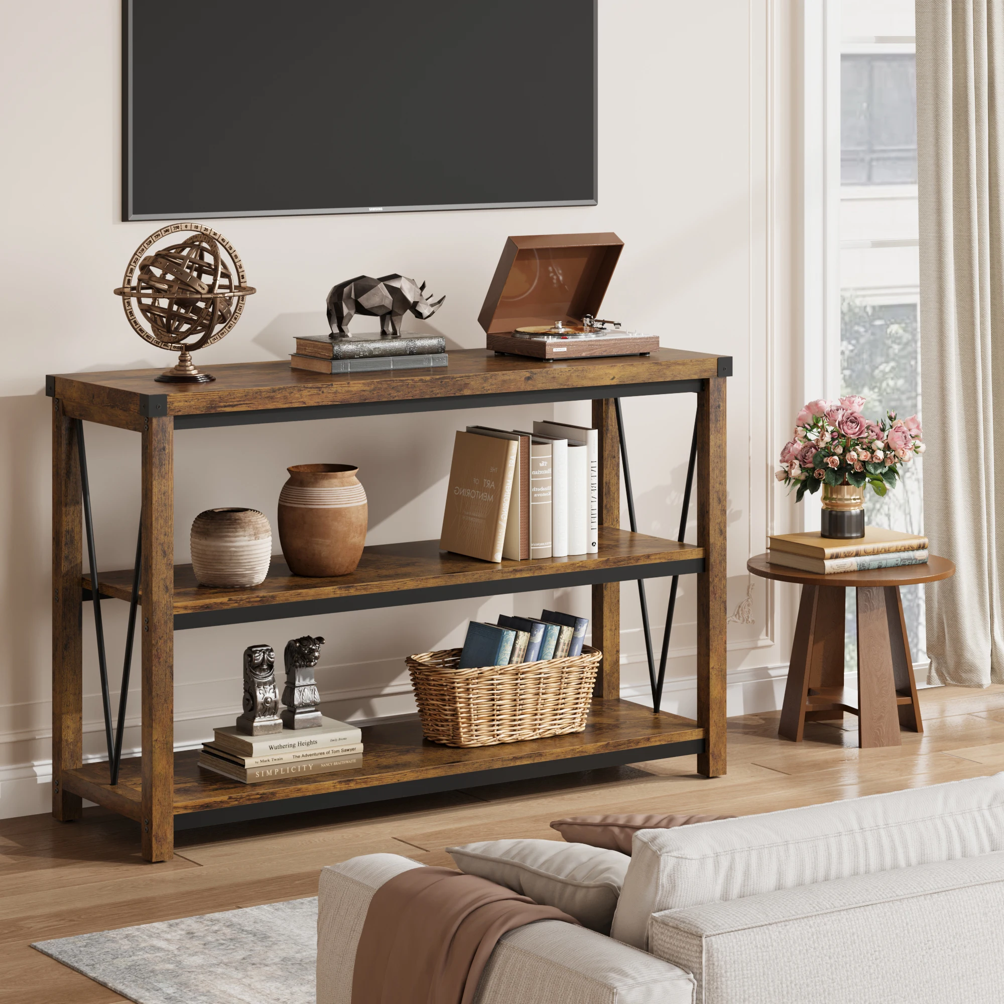 Farmhouse Entryway Table,47 Inch Narrow Long Console Table with Storage, 3 Tier Wood Console Table for Living Room, Farmhouse