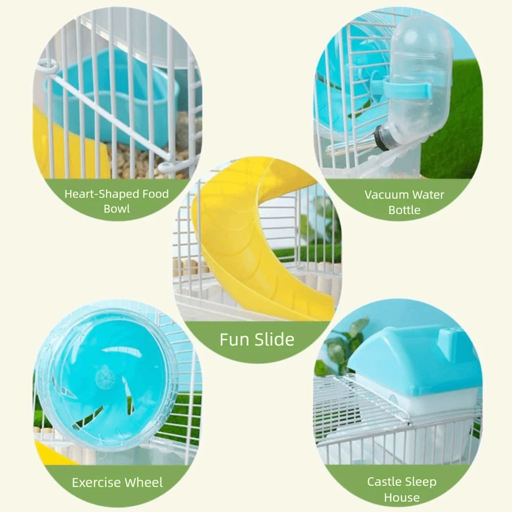 Ventilation Hamster Double-storey Villa Feeding Bottle Removable Hamster Habitat Cage with Running Wheel with Handle - Image 2