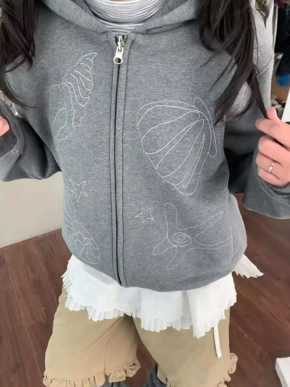 Retro Embroidery Contrasting Color Hooded Cardigan Jacket Sweatshirt Women's Autumn New Loose Design Couple Coat