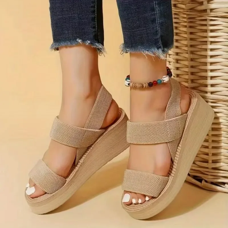 Women's Minimalist Wedge Sandals Open Toe Thick Soled Platform Casual Sandals Ankle Strap Slingback Sandals Solid Color