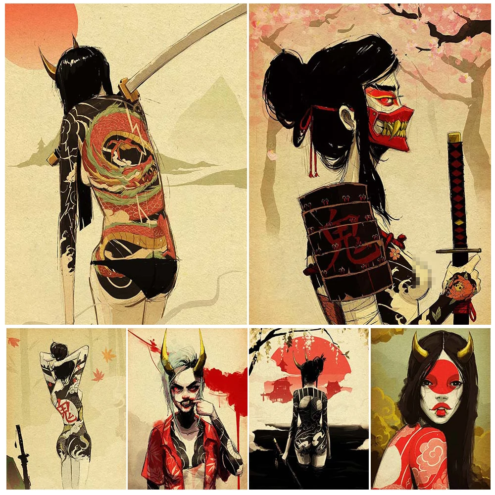 

Tattooed Evil Girl Abstract Vintage Wall Art Canvas Painting Asia Demon Vampire Girl Gothic Art Poster And Print Home Decoration