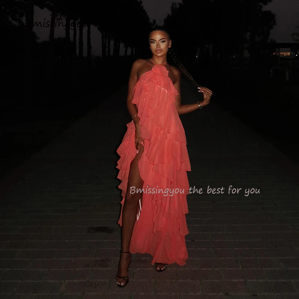 Coral Chiffon Prom Dresses for Women A Ling Tiered Dubai Evening Dress with Slit Halter Formal Party Gowns Customized