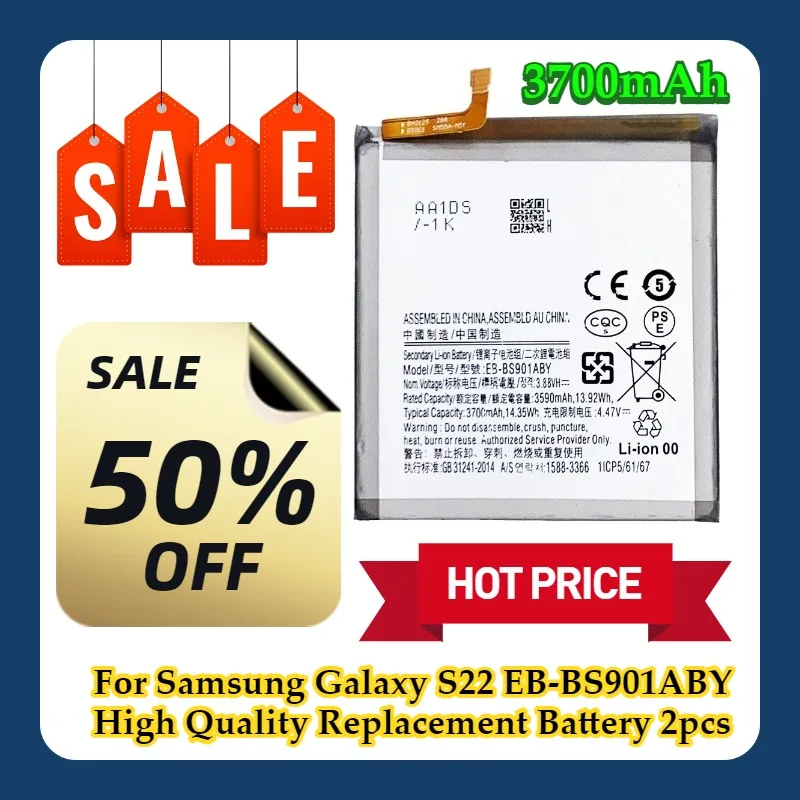 For Samsung Galaxy S22 EB-BS901ABY 3700mAh High Quality Replacement Battery 2pcs