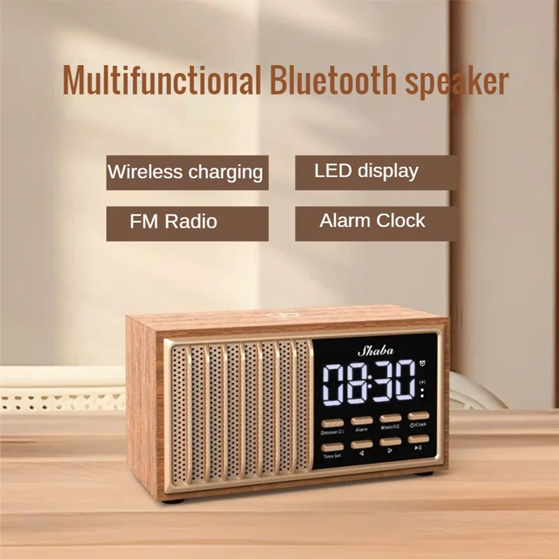 

Vintage Portable Wooden FM Digital Radio Bluetooth Speaker with Wireless Charger Bedside Alarm Clock Handsfree Call Music Player