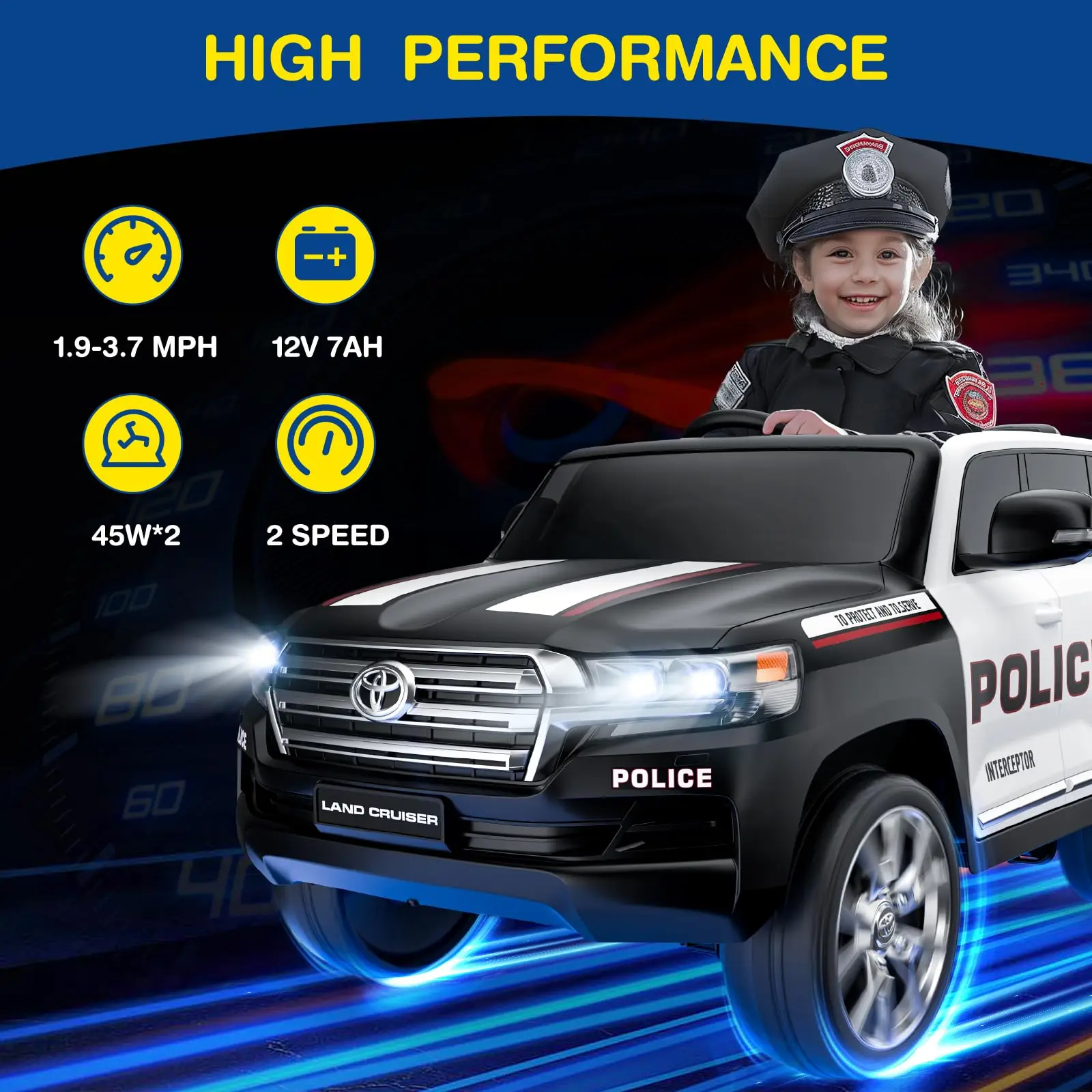 LIGIANT lizenziertes Toyota 12V Polizeiauto für große Kinder, 2-Sitzer-Fahrt mit Fernbedienung, 4WD, Sirene, LED, Bluetooth, Weihnachtsgeschenkidee
