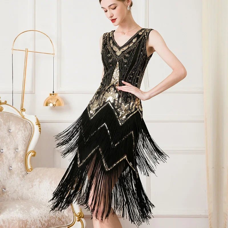 Women 1920s Sleeveless V-Neck Double Layer Tassel Dress Gatsby Cocktail Prom Vintage Sequin Beads Dress Party Dance Dress