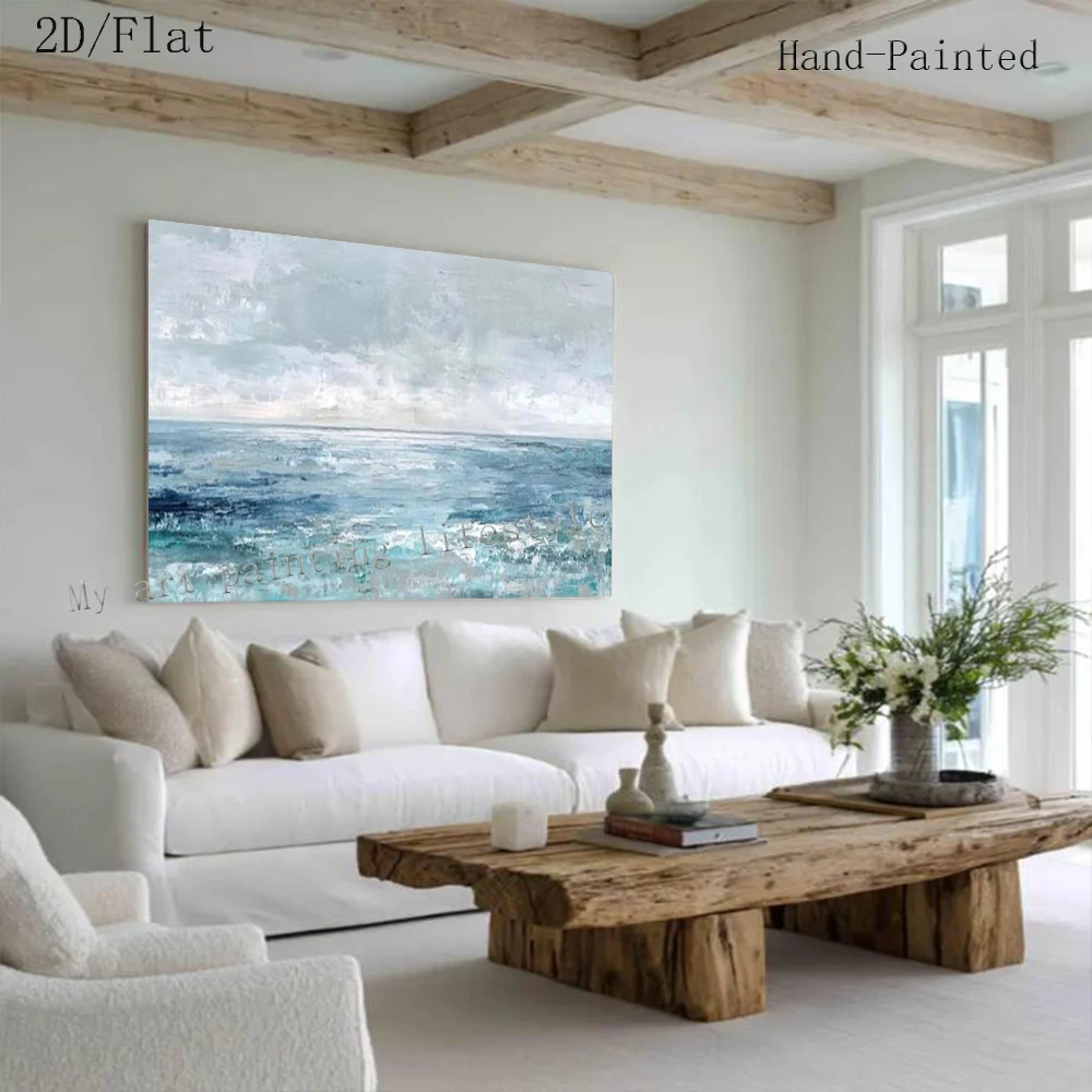 100% Handmade Abstract Oil Painting New Thick Layer Sea View Wall Art Image Original Mural for Living Room Home Decor Picture