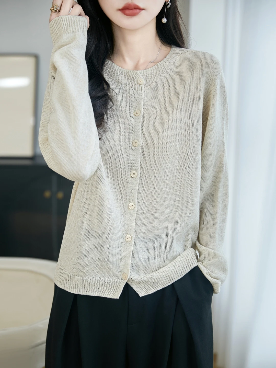 2026 New round Neck Knitted Open Cardigan Women's Long Sleeve Button Thin Versatile Outerwear Top Sparkling Lazy Style