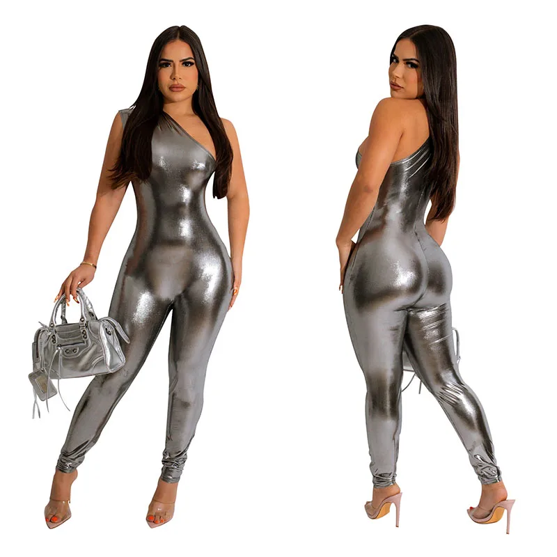 Elegant One Piece Jumpsuit for Women Shiny Metallic One Shoulder Sleeveless Romper Party Night Club Outfit