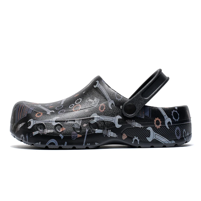 Men's Work Clogs with Tool Print, Anti-Slip Oilproof Chef Shoes, Comfortable EVA Closed Toe Shoes for Restaurant, Garage, Garden