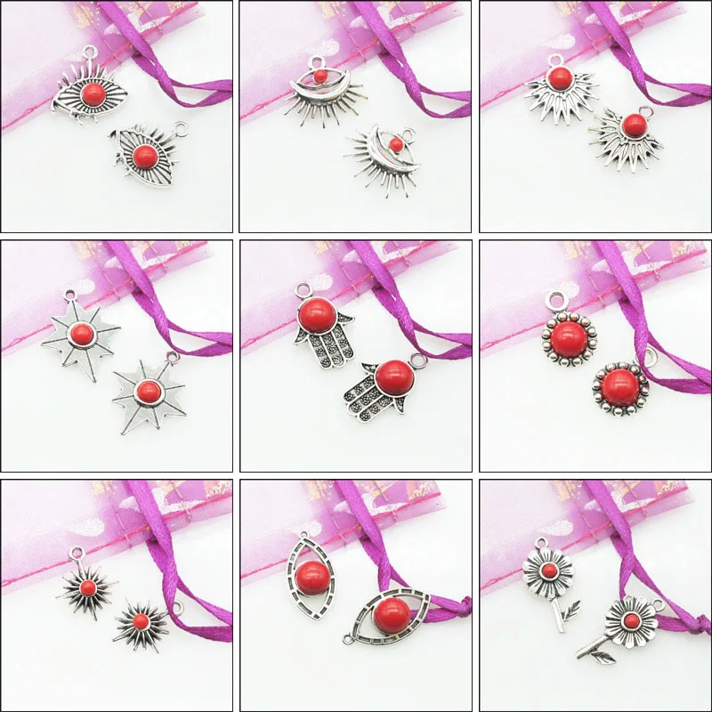 New Retro Palm Flower Eye Leaf Sun Charms Antiqued Silver Plated Red Turquoise Pendants For Gifts Jewelry