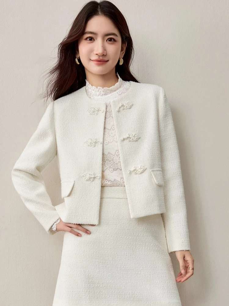 

SENTUBILA Women's High-end Chinese-style Two-piece Set 2025 Autumn Commuter Round Bead Button Placket Coat Mini Skirts 153ZA8655