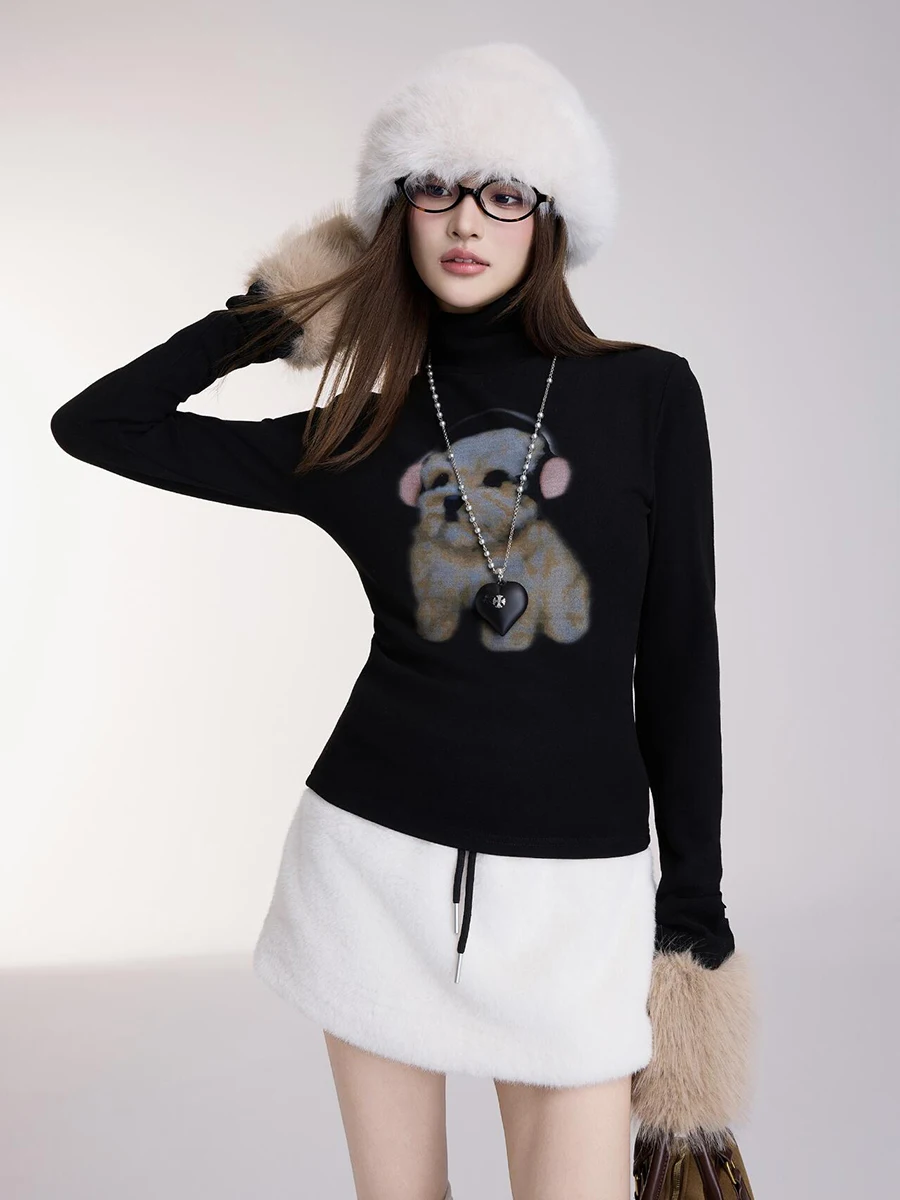 REDDACHiC Musical Puppy Women Cashmere T-shirt Detachable Fuzzy Cuffs Fleece Slim Fit Long Sleeve Turtleneck Top Korean Clothes