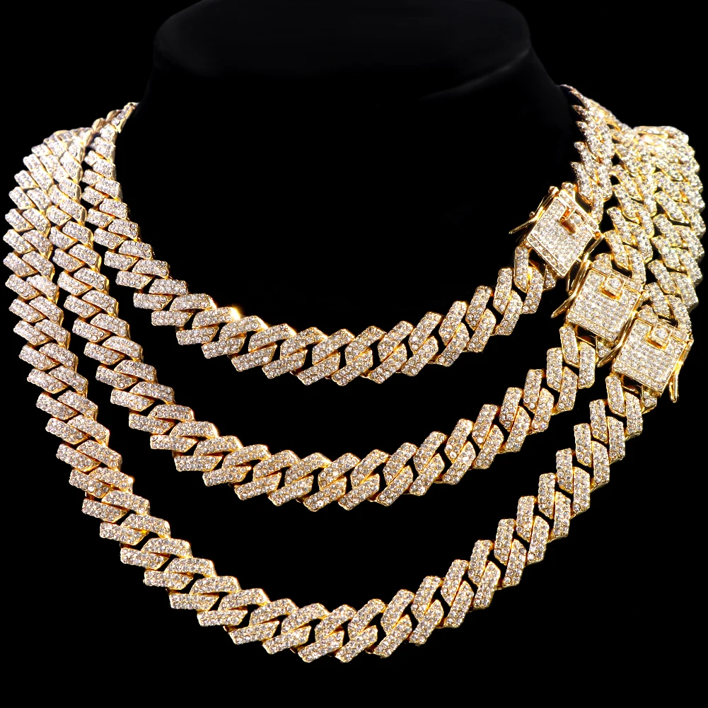 HipHop Men Iced Out Cuban Link Chain Necklace 13/14/20MM Gold Silver Color AAAA+ Rhinestone Cuba Necklace Men\'s Birthday Jewelry