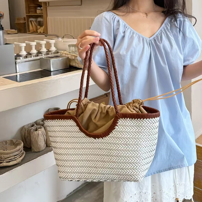

French Retro Woven Handbag With Lining Genuine Leather Handmade Woven Basket Ins Simple Style Women Shoulder Bag Underarm Bags