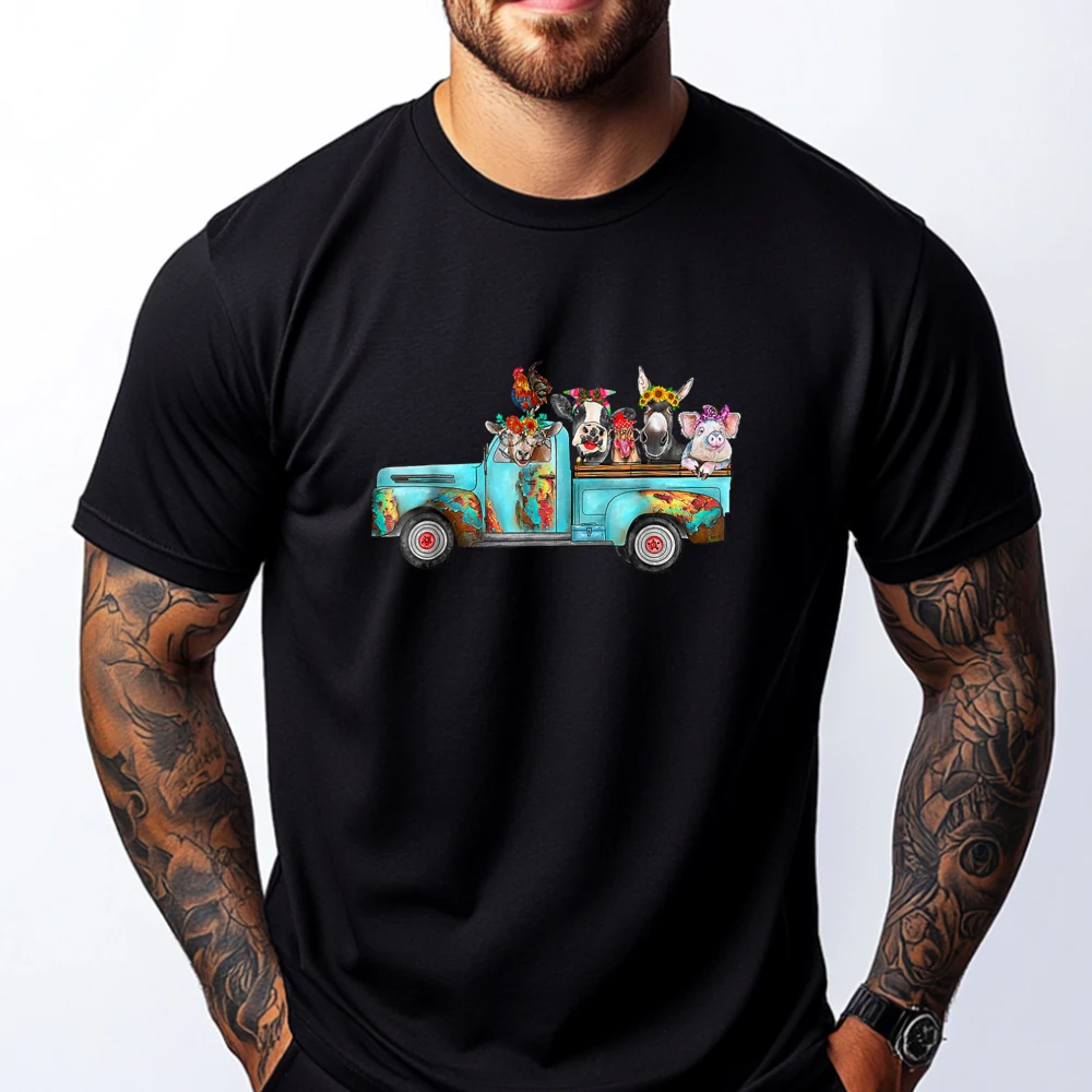 

Farm Pickup Truck with Farm animals Farmer_s Wife Cow Girl Men's T-Shirts Cotton T Shirt Men Vintage Style