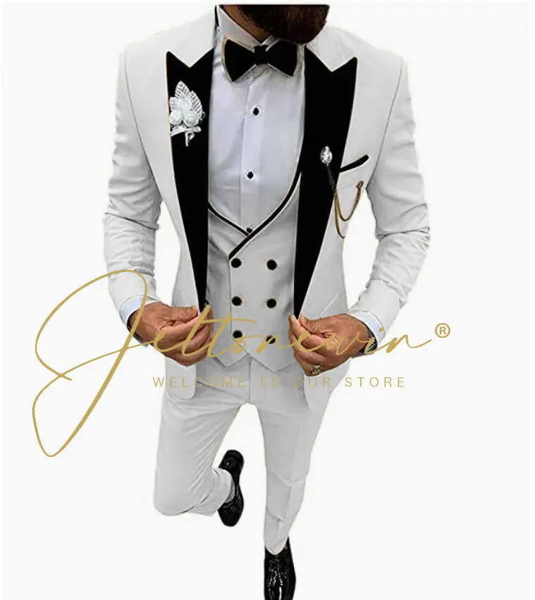 

Slim Fit White Men Suits Groom Formal Business Male Blazer Peaked Lapel Party Wedding Tuxedos Jacket+Vest+Pants Trajes De Hombre