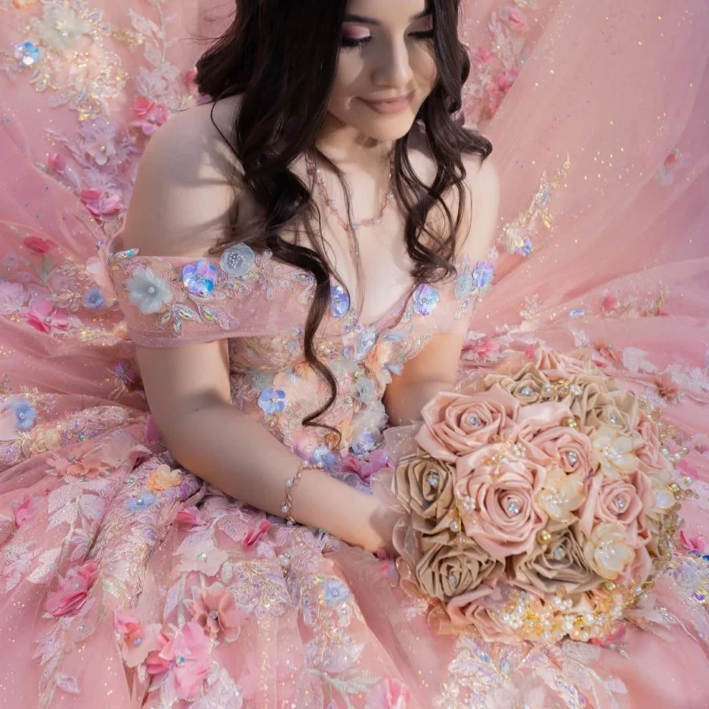 

Shiny Pink Quinceanera Dress off-shoulder Crystal Glitter 3D Flower Decal Long tail vestidos de 15 Quinceanera ﻿Customize