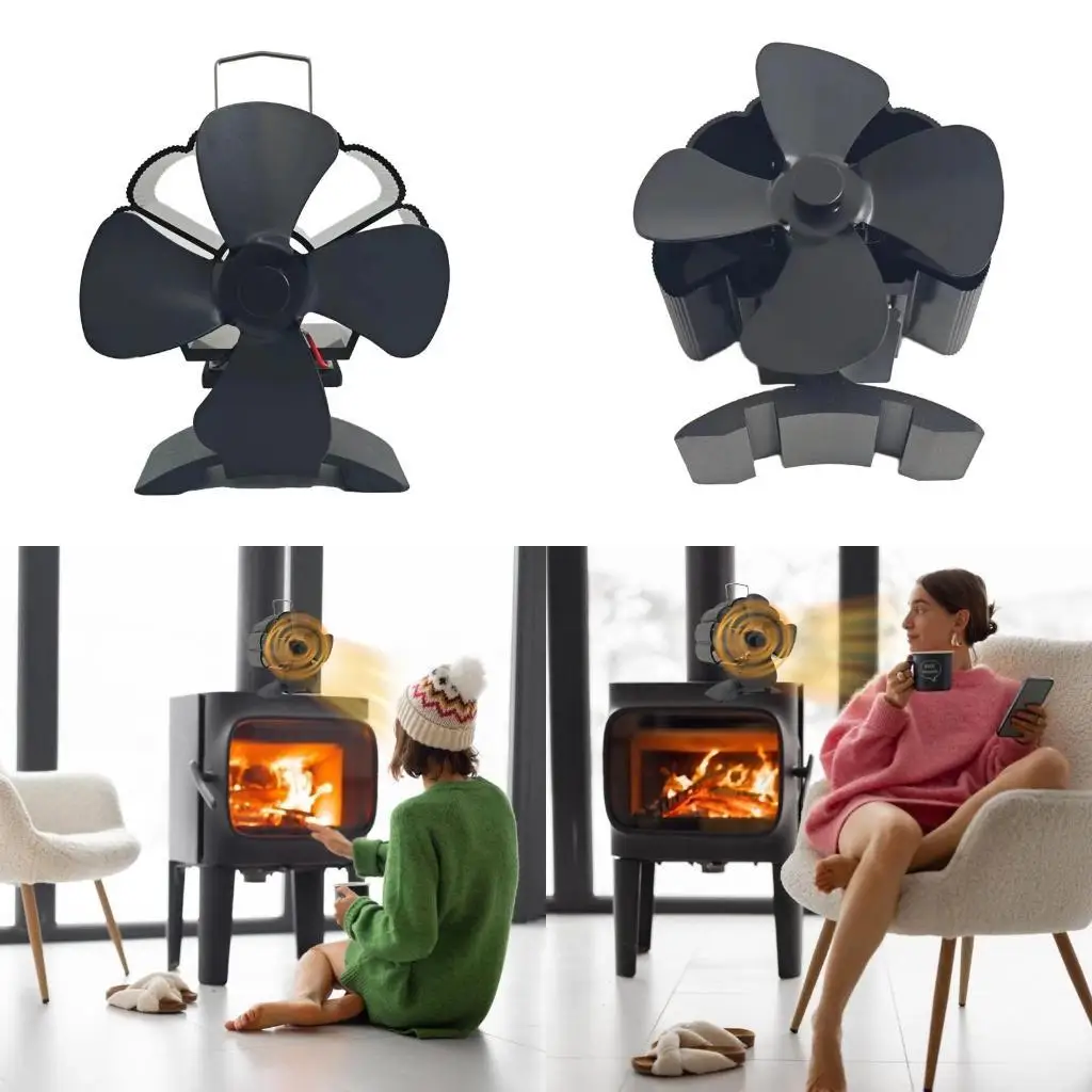 

652F Wood Stove Fan Black Fireplaces 4 Leaves Heat Powered Stove Fan for Wood Burners Fireplaces Fan for Home Outdoor