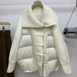 Knitted spliced down jacket for women  winter New high-end 90 white duck down Coat medium length Thick warm Puffer coat