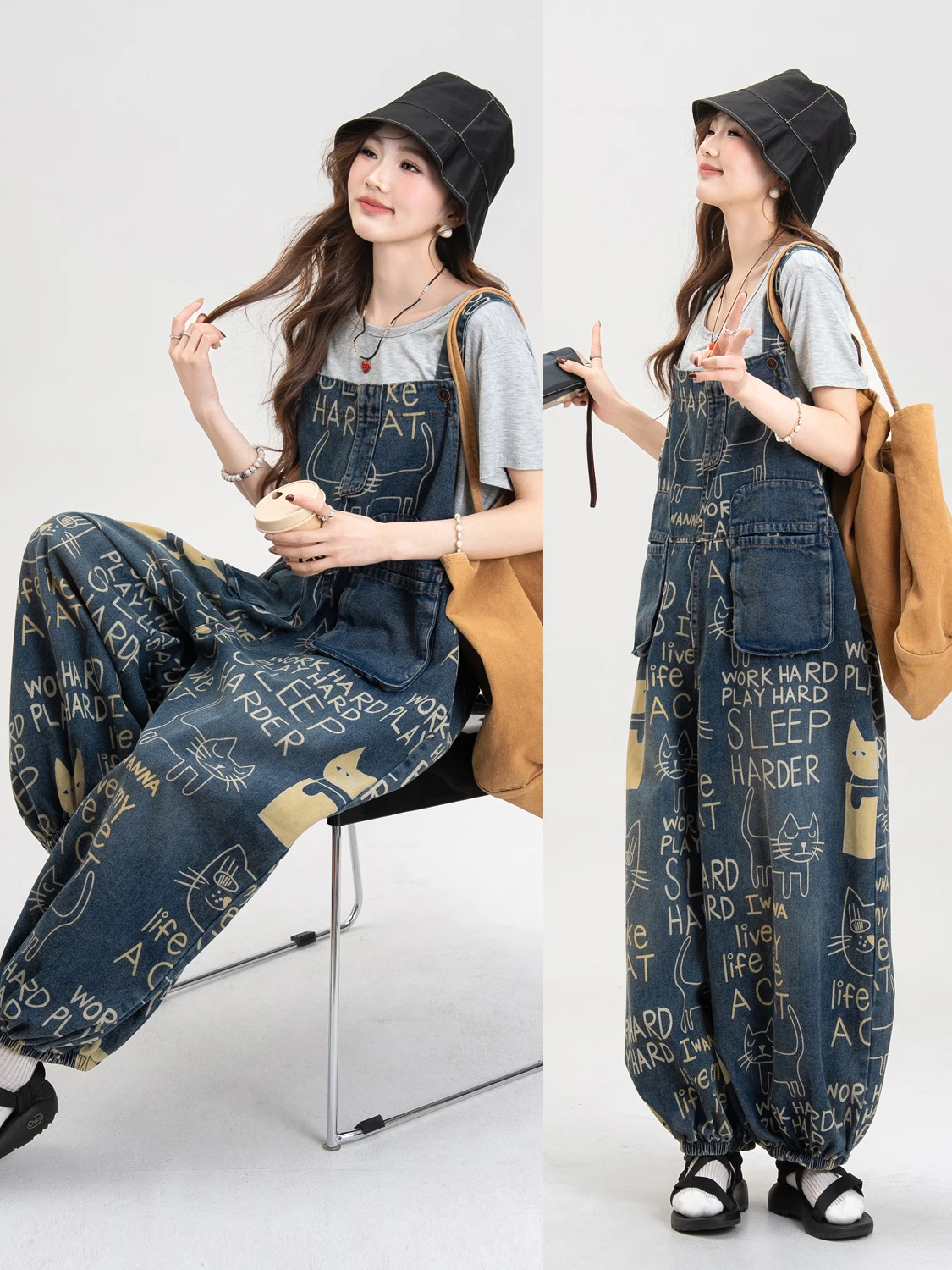 

Artistic Print One-Piece Pants Women's Summer Loose Casual Wide Leg Lantern Shoulder Strap Jumpsuit High Waist Long Cotton