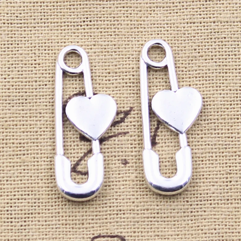 15pcs Charms Pin Brooch With Heart 30x12mm Antique Silver Color Pendants DIY Crafts Making Findings Handmade Tibetan Jewelry