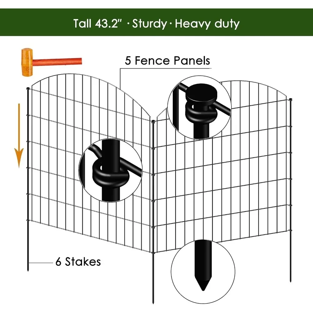 Decorative metal garden fence outdoor 43.2 inches high x 14.75 feet long, no need to excavate temporary dog fence boundary fence