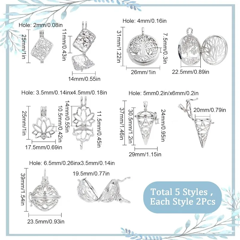 10Pcs 5 Styles Cage Charms Brass Locket Charms Stone Holder Necklace Silver Hollow Spiral Bead Cages Lotus Tree of Life Charms