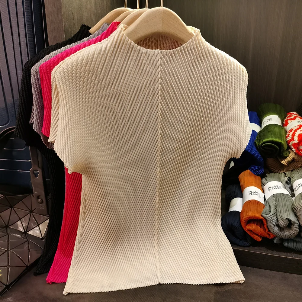 

Футболка Miyake, женская летняя новая однотонная плиссированная футболка с воротником-стойкой и чешуей дракона, высококачественный универсальный и тонкий с короткими рукавами