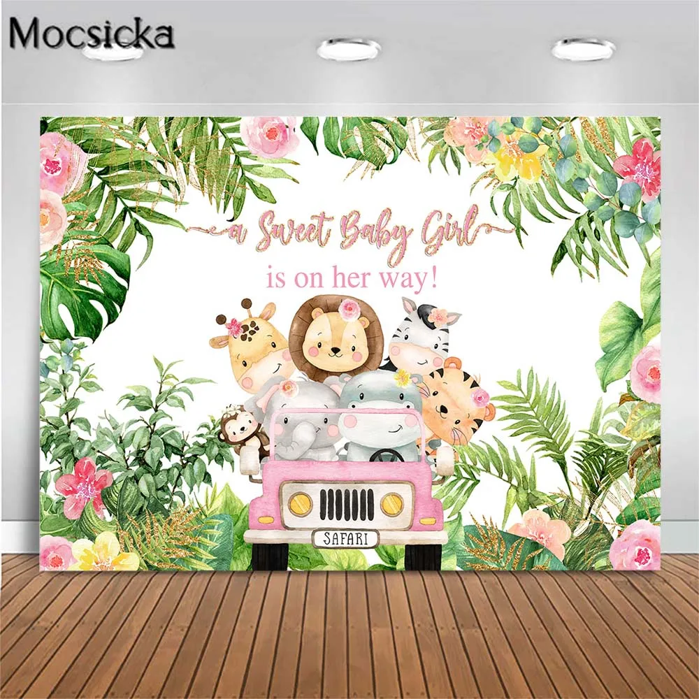 

Mocsicka Jungle Baby Shower Backdrop Forest Palm Leaves a Sweet Baby Girl is on Her Way Photo Background Photo Studio Photoshoot