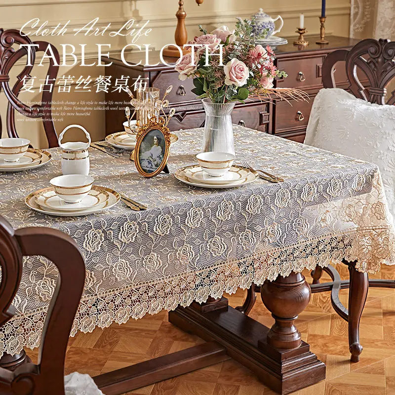 European retro ins lace tablecloth hollow dining table cover light luxury high sense household rectangular coffee table cover