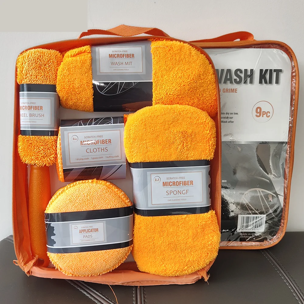 New 9-piece Car Wash Set, Portable Car Wipes, Home Car Beauty Cleaning Gloves, Towels, Cloths, Waxing Sponges, Wheel Brushes