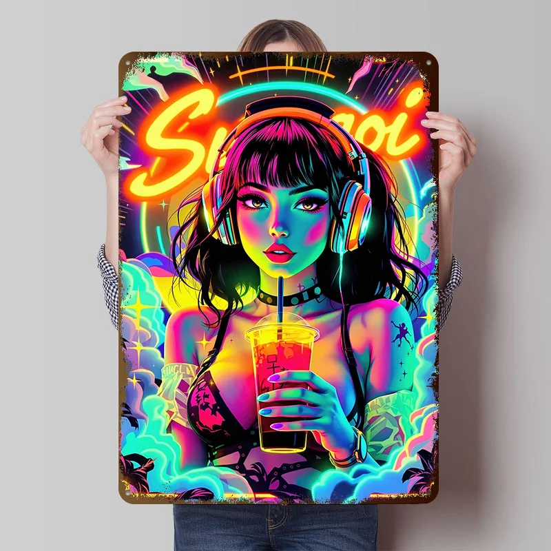 Neon Girl With Drink and Headphones Tinplate Posters Customizable Wall Art Retro Vintage Metal Signs for Home Room Wand Deko