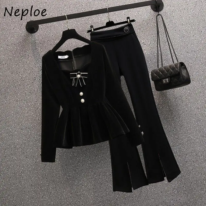 Neploe Lovely French Style Velvet Set Big Swing Set Mujer Elegant Vent Flare Wid Leg Pants Slim Fit Warm All-match Suit Trousers