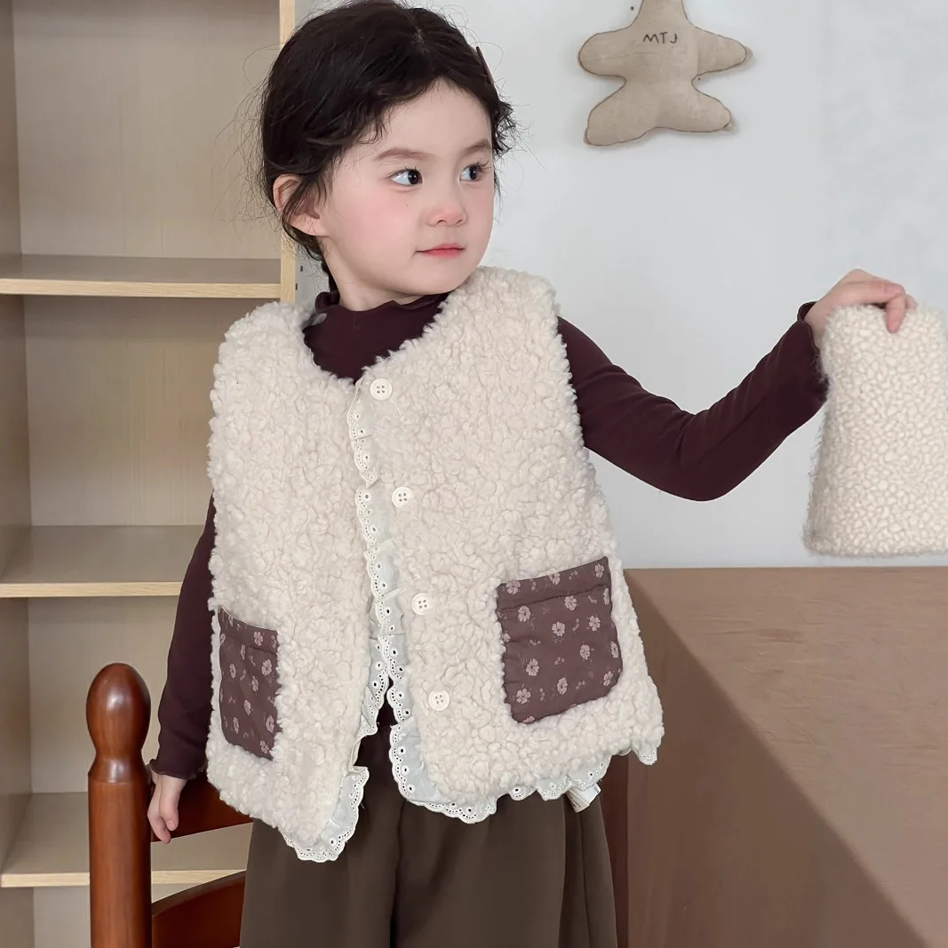 

2025 Winter New Children Sleeveless Warm Plush Vest Girls Fleece Cardigan Coat Plus Velvet Thick Boys Vest Jacket Kids Clothes
