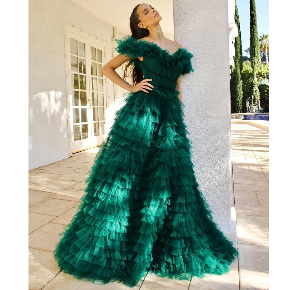 

Off the Shoulder Green Organza Floor Length Peat Tiered Puff Evening Dress Formal Occasion High Quality Custom Made Long Dresses