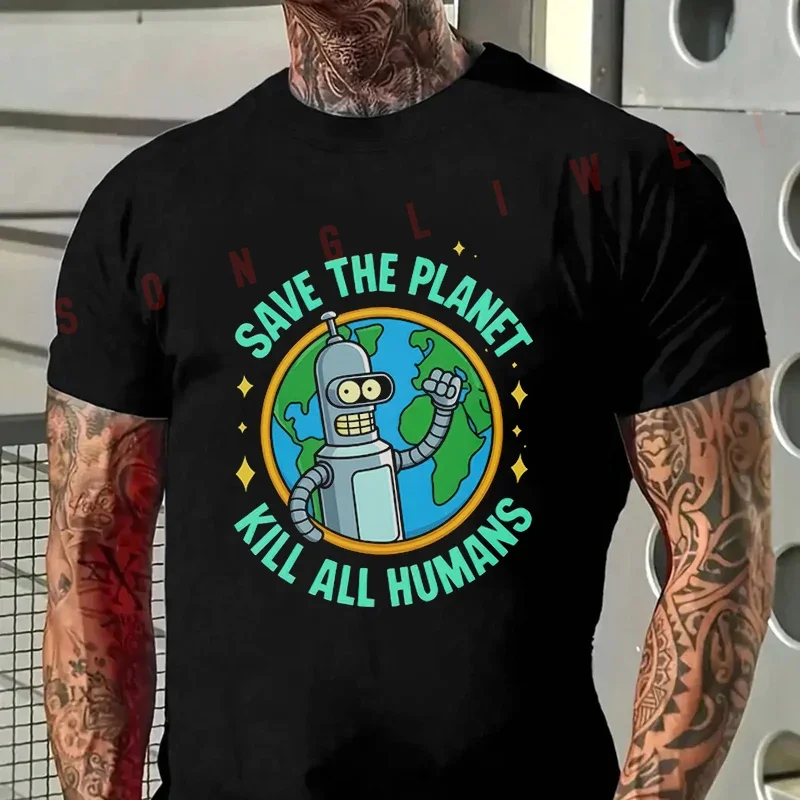 

Humorous Cartoon Robot - SAVE THE PLANET Graphic Design Moto Men's Fashion T-shirt Casual Summer Short Sleeve Tops