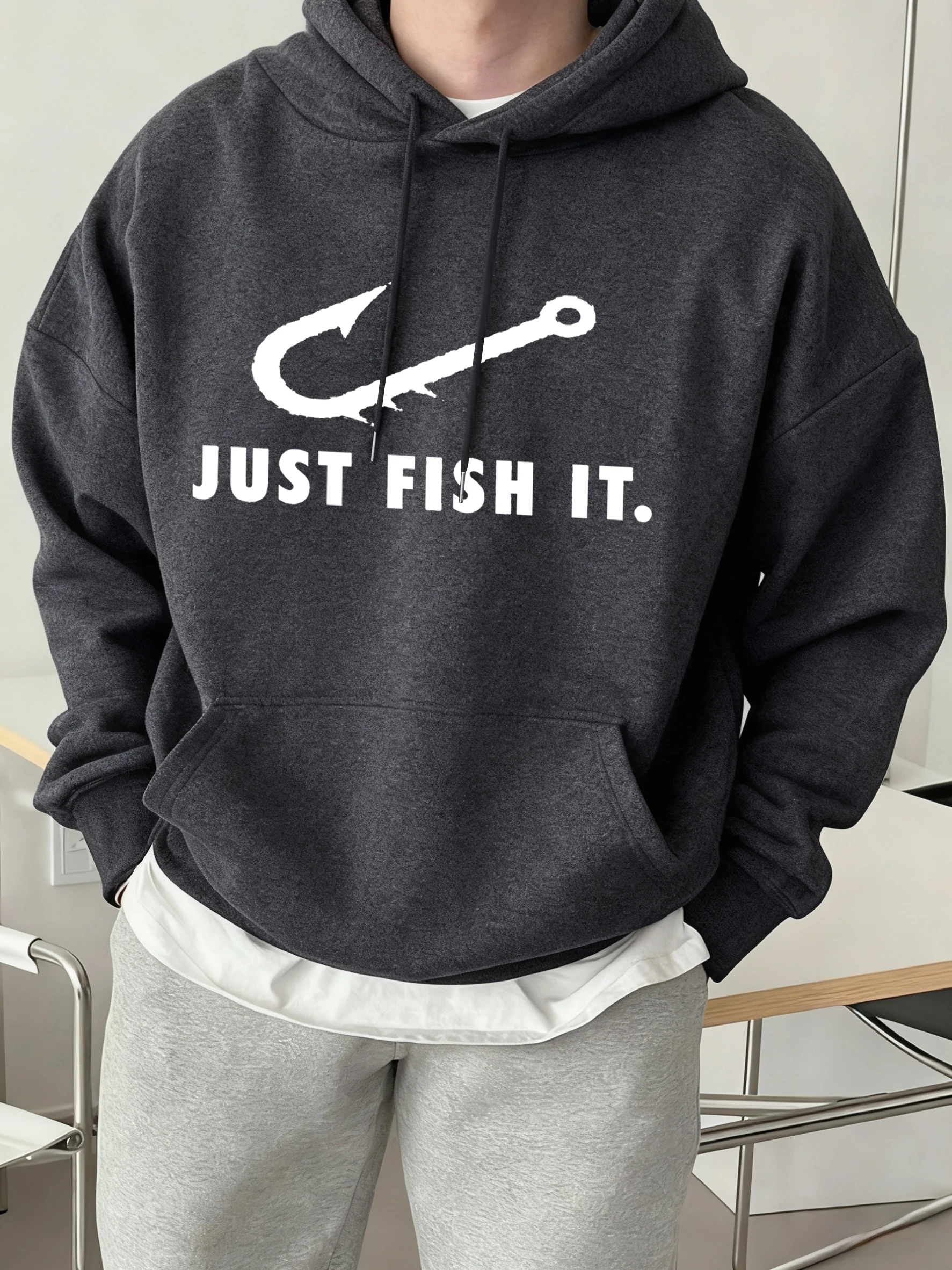 Just Fish It Fish Hook Pattern Print Man Hoodie Fashion Fleece Warm Pullover Vintage Casual Langarm Loose Basics Kleidung