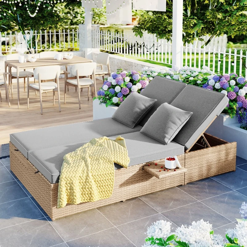 

Double Sunbed Garden Furniture Sets Wicker Rattan Patio Reclining Chairs Garden Sets Adjustable Backrest Couch Sofas Furniture