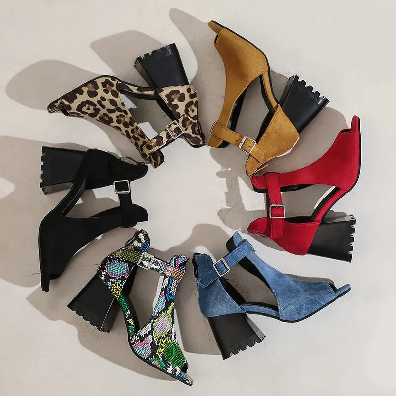 Extra Big Size 47 48 13 Woman Summer Shoes Denim Jeans Flock Peep Toe Chunky Heels Yellow Leopard Buckle Designer Sandals Lady
