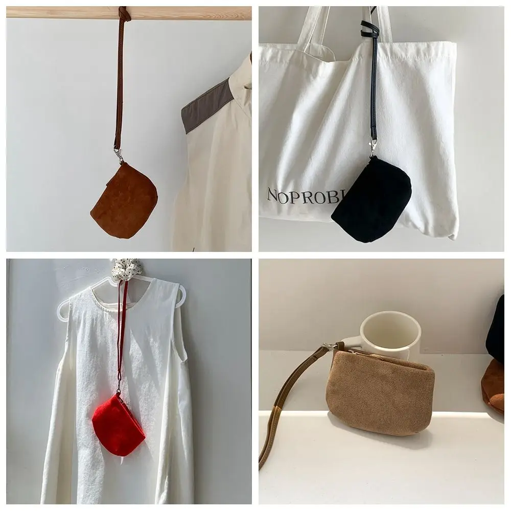 PU Leather Suede Coin Purse Hanging Neck Lipstick Earphone Pouch Mini Storage Bag Shoulder Bag Solid Color Pendant Accessories