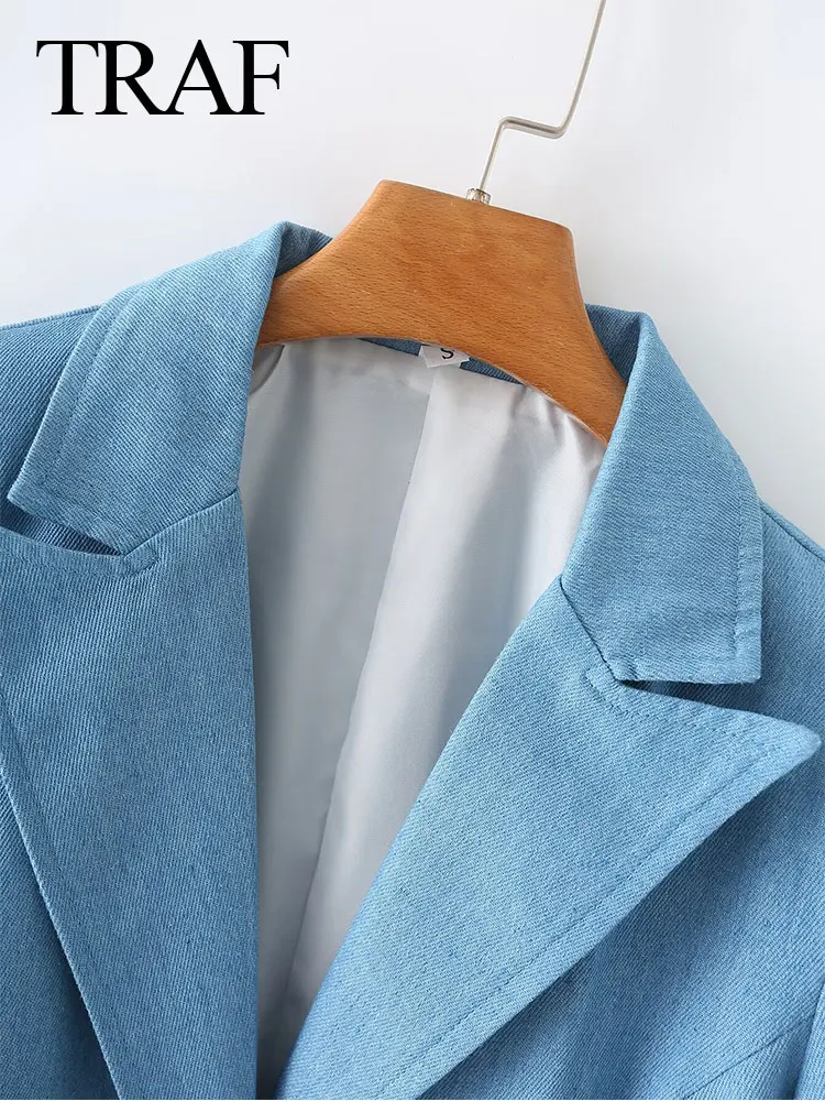 Traf 2024 Lente Dames Blauwe Blazer Stevige Lange Mouwen Zakken Elegante Single Knoop Woon-Werkverkeer Kantoor Dames Dames Streetwear