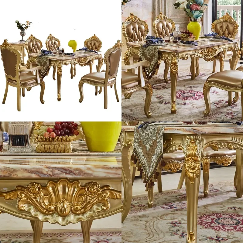 European Style Marble Dining Table and Chair Set Noble Gold Rectangular Solid Wood Dining Table for 4-6 People Small