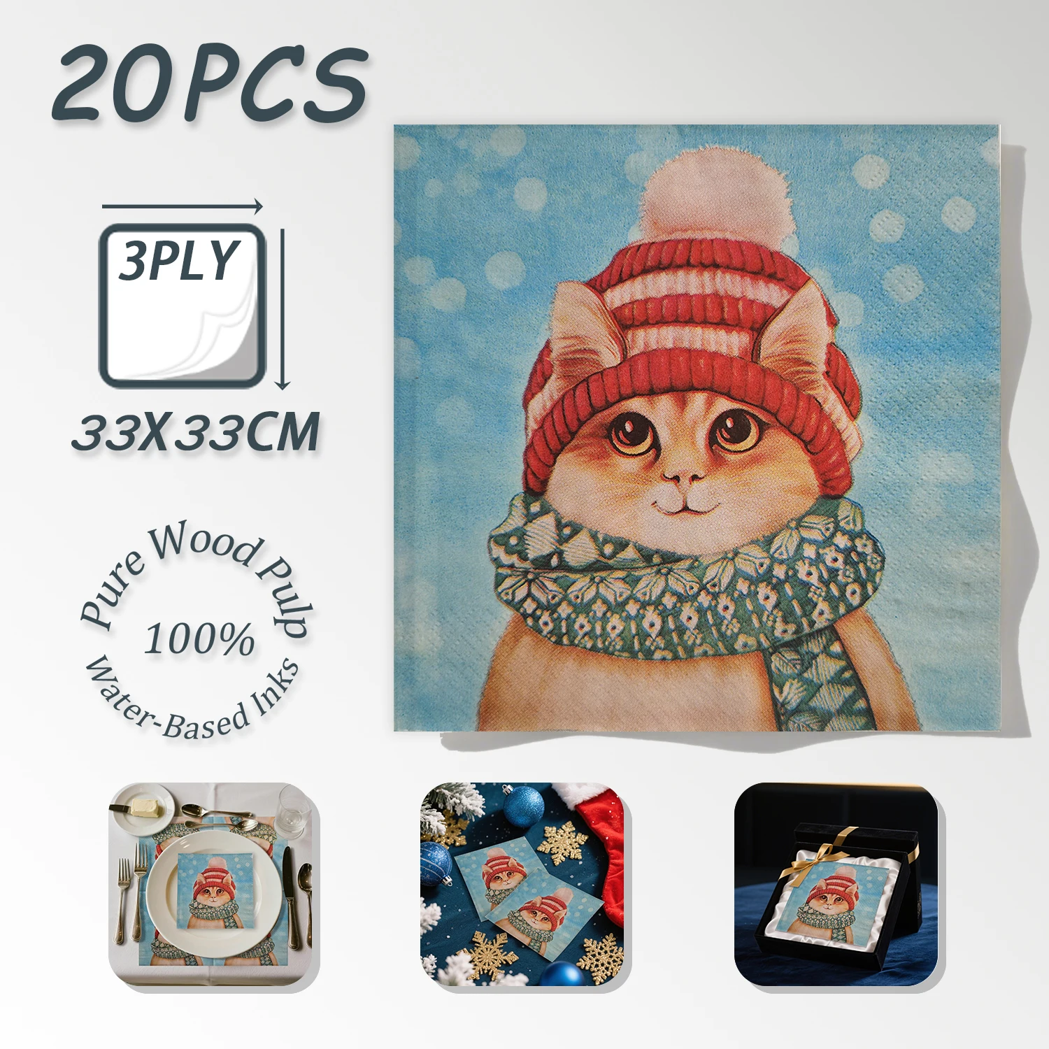 20 قطعة لطيف عيد الميلاد القط المطبوعة المناديل الورقية المتاح 3رقائق 33x33 سنتيمتر-المناديل القابل للتصرف الشتاء الأحداث الأطراف الجدول إعدادات