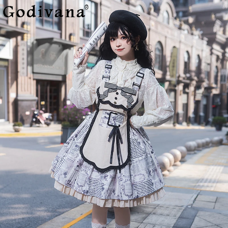 Primavera Autunno Vintage Grembiule staccabile Stampa Lolita Abito con cinturino al collo quadrato Dolce fiocco Ragazze Vita alta A-line Grandi abiti altalena