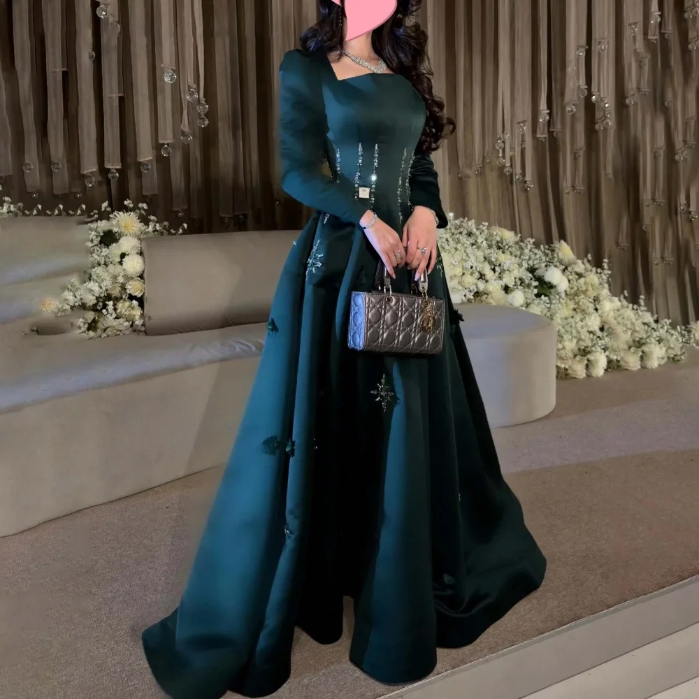 맞춤 제작된 고급스러운 스퀘어넥 여성 프로ム 드레스, 섹시한 긴팔의 매력적인 A라인 비딩 파티 드레스, 여성용 러플 이브닝 가운