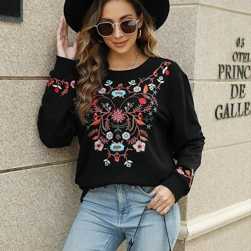 Eaeovni Women\'s Embroidered Pullover Mexican Cotton Sweatshirt Bohemian Casual Long Sleeve Fall Sweatshirt with Pockets