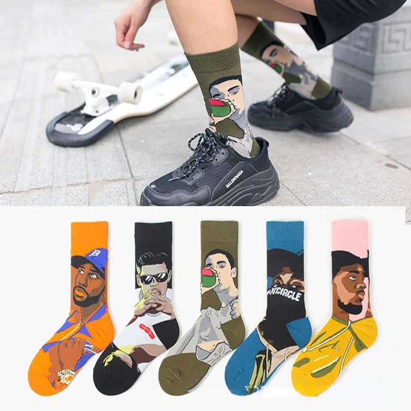 Chaussettes en coton tendance, chaussettes à tube moyen, dessin animé, jacquard, respirantes, tendance