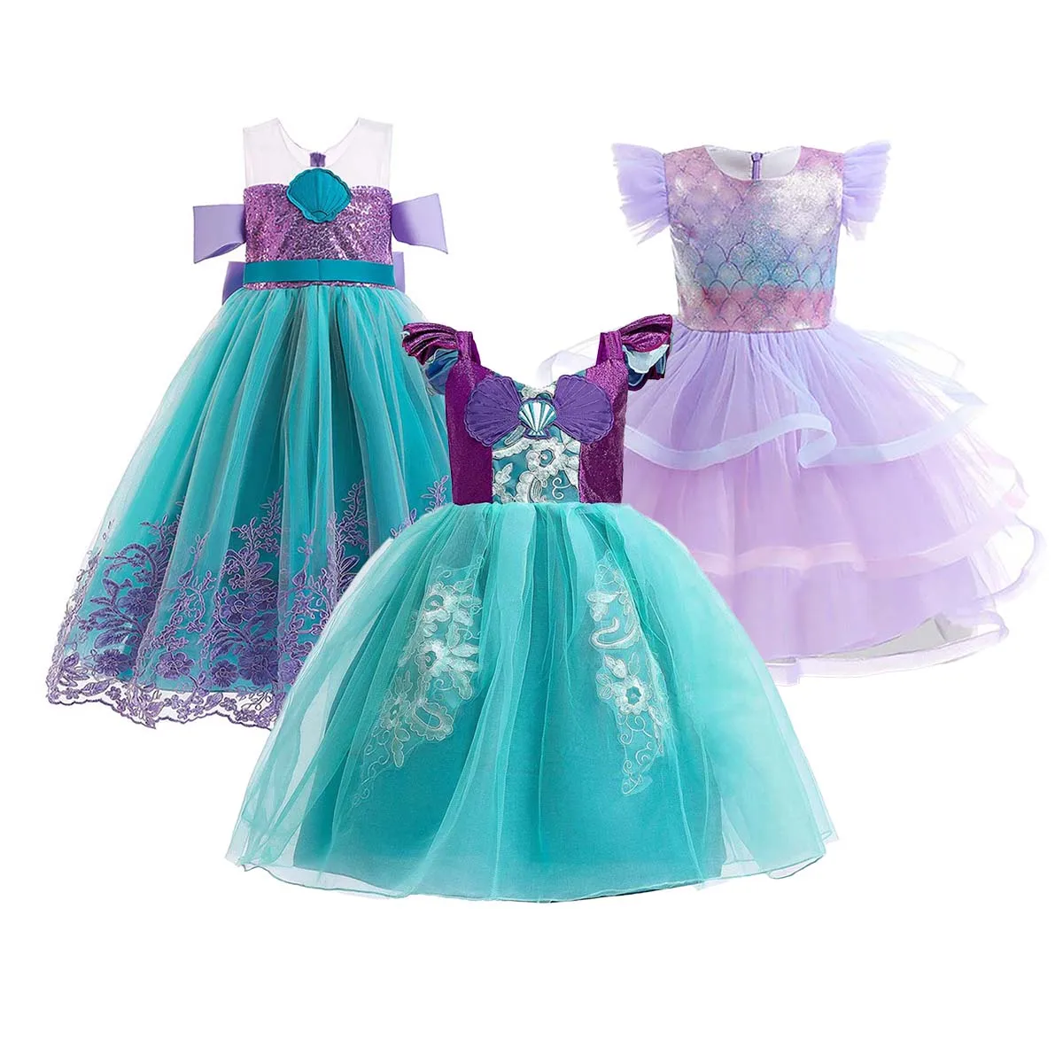 Vestido sereia com coroa e colar para meninas, Birthday Party, Princess Dress