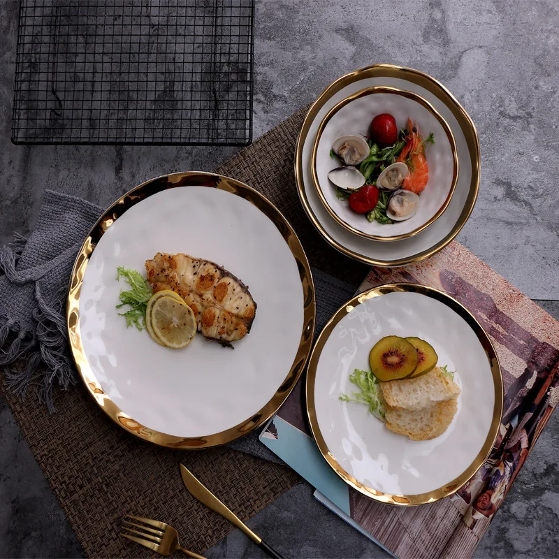 European-style ceramic gold-plated western steak plate creative dish plate round fruit flat salad plate household tableware